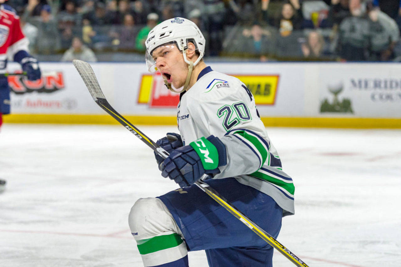 The Thunderbirds’ Zack Andrusiak celebrates after scoring a goal in a 4-3 win against Tri-City on Tuesday night. COURTESY PHOTO, Brian Liesse, T-Birds