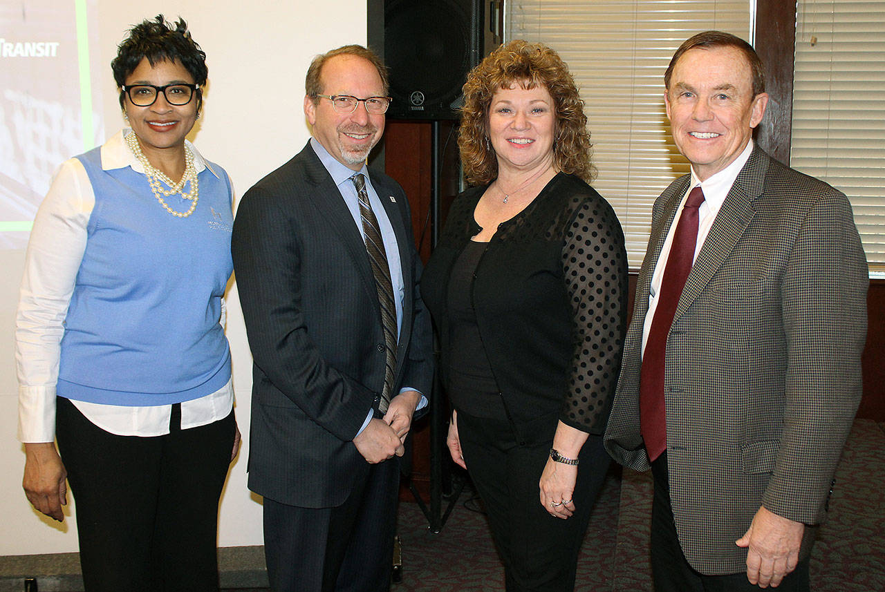 Attending the breakfast are, from left: Federal Way Public Schools Superintendent Tammy Campbell; Sound Transit CEO Peter Rogoff; Auburn Mayor Nancy Backus; amd King County Council member Pete von Reichbauer. COURTESY PHOTO