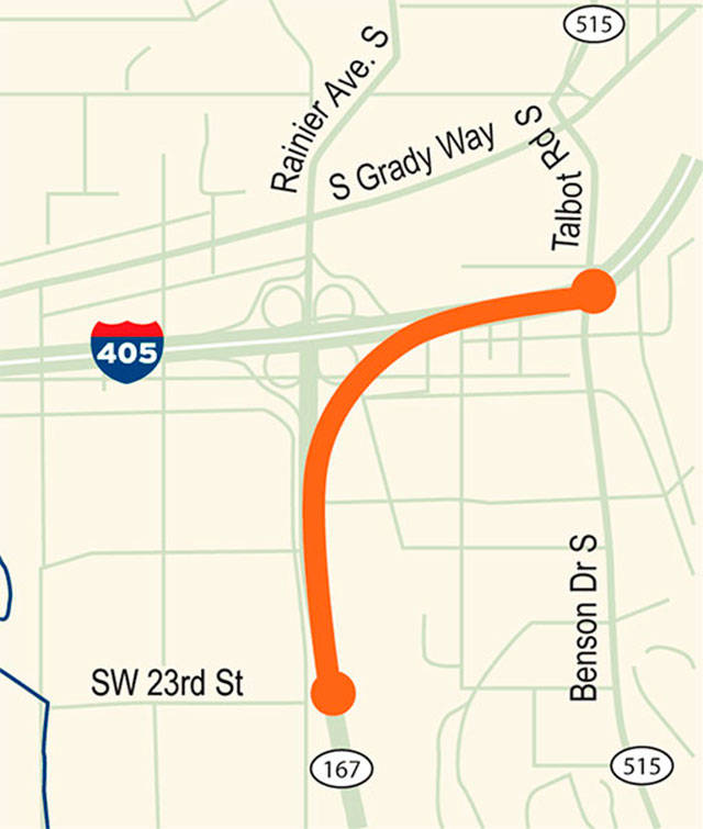 The I-405/SR 167 interchange is one of the most heavily congested interchanges in the state. Through this project, WSDOT will build a new flyover ramp connecting the HOT lanes on SR 167 to the carpool lanes on I-405 in Renton. This ramp is designed to improve traffic flow and safety at this critical interchange. COURTESY MAP, WSDOT