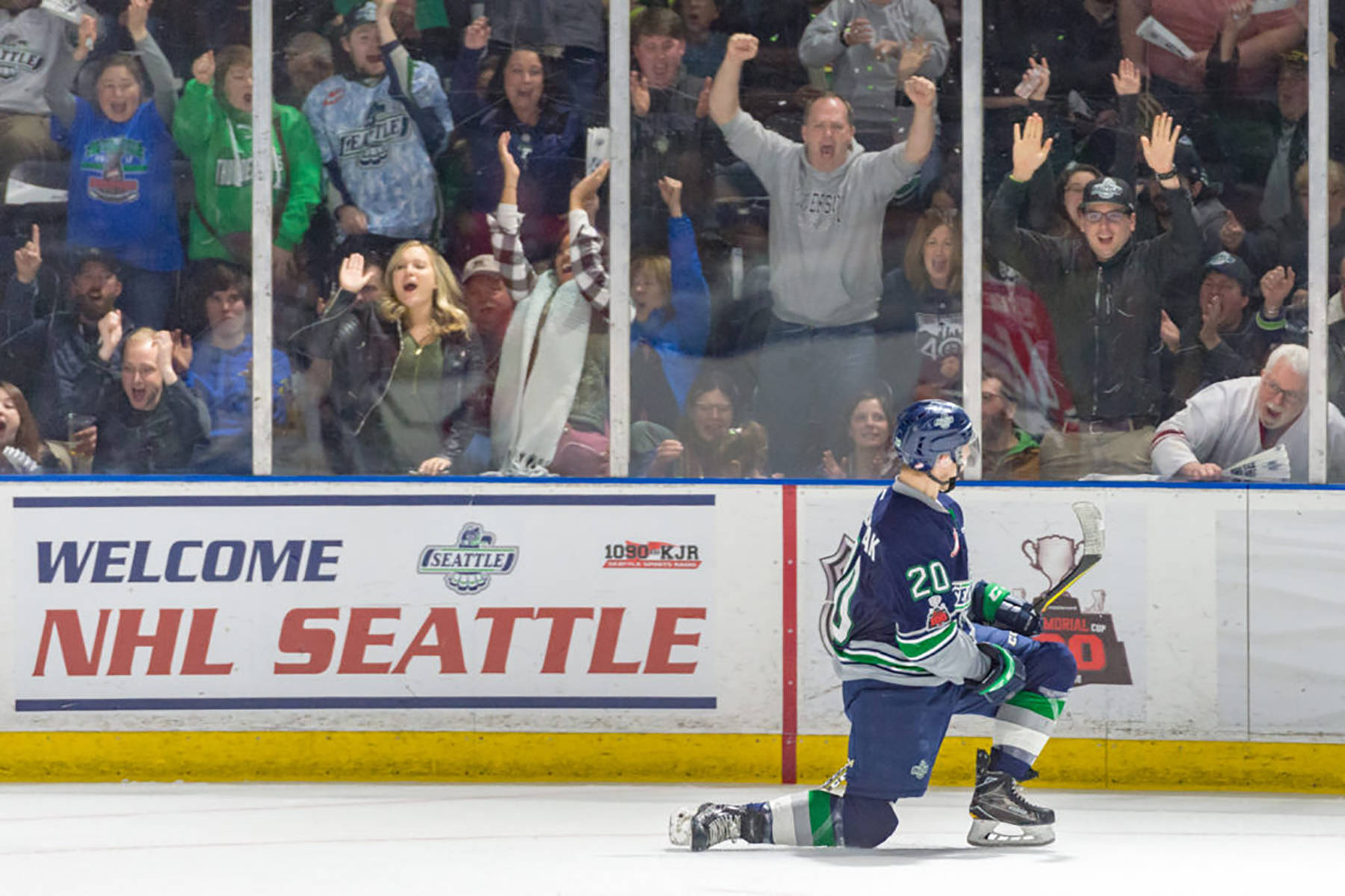 Seattle’s Zack Andrusiak celebrates his goal in the third period against visiting Portland. COURTESY PHOTO, Brian Liesse, Thunderbirds