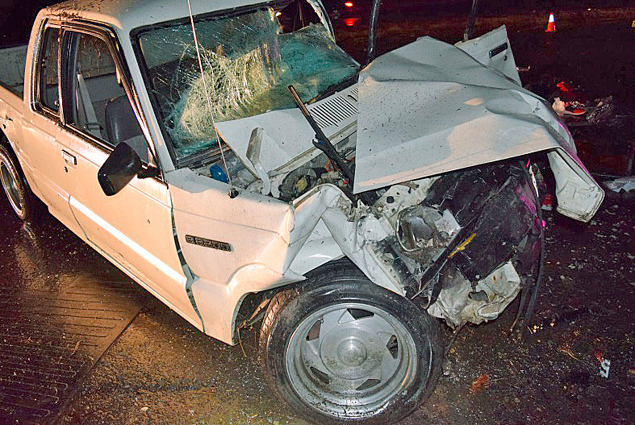 A Seattle man, a passenger in this Mazda pickup truck, was killed, and two other people were seriously injured late Wednesday following a crash on State Route 18 in Maple Valley. COURTESY PHOTO, Washington State Patrol photo