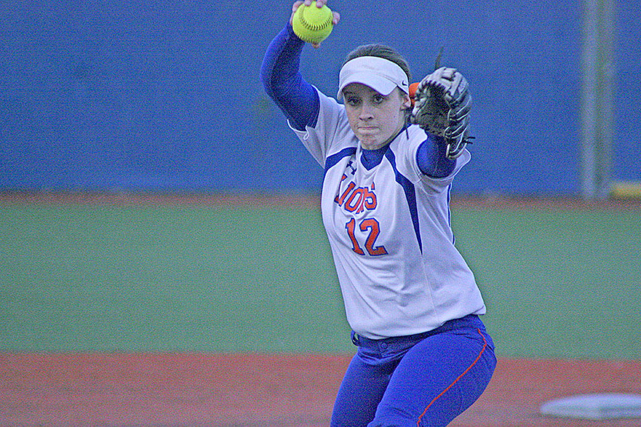 Lions ace Caitlyn Rhoades went seven innings to earn the win and drove in three runs against the Ravens on Monday night. MARK KLAAS, Auburn Reporter