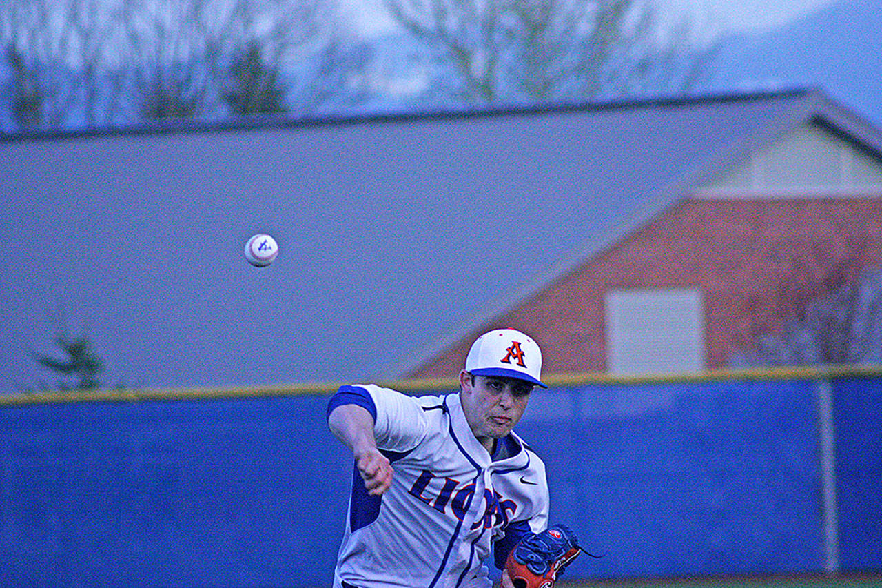 Lions starter Nate Weeldreyer fires a pitch during Mondays game against the Eagles. Weeldreyer went 5⅔ innings, allowing five hits and five runs while striking out 11. MARK KLAAS, Auburn Reporter