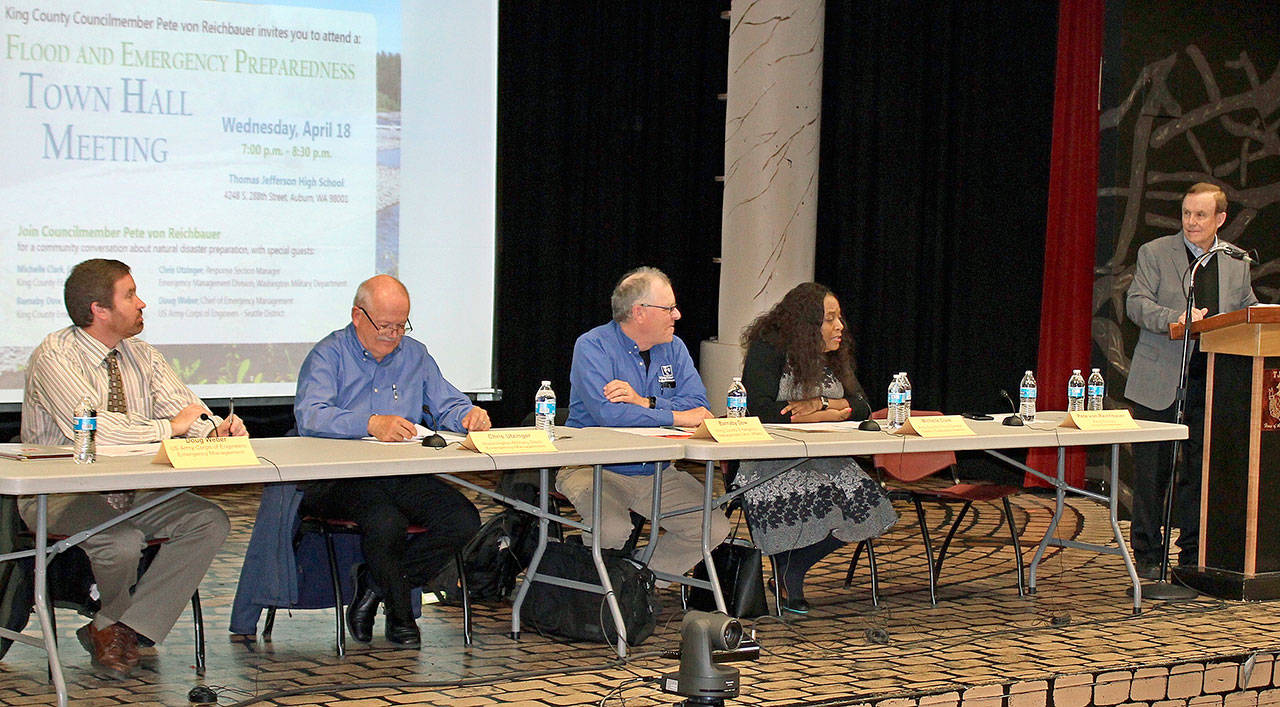King County Council member Pete von Reichbauer and panelists at a flood and emergency management preparedness town hall event. From left, are: Doug Weber, Chris Utzinger, Barnaby Dow, Michelle Clark and von Reichbauer. COURTESY PHOTO