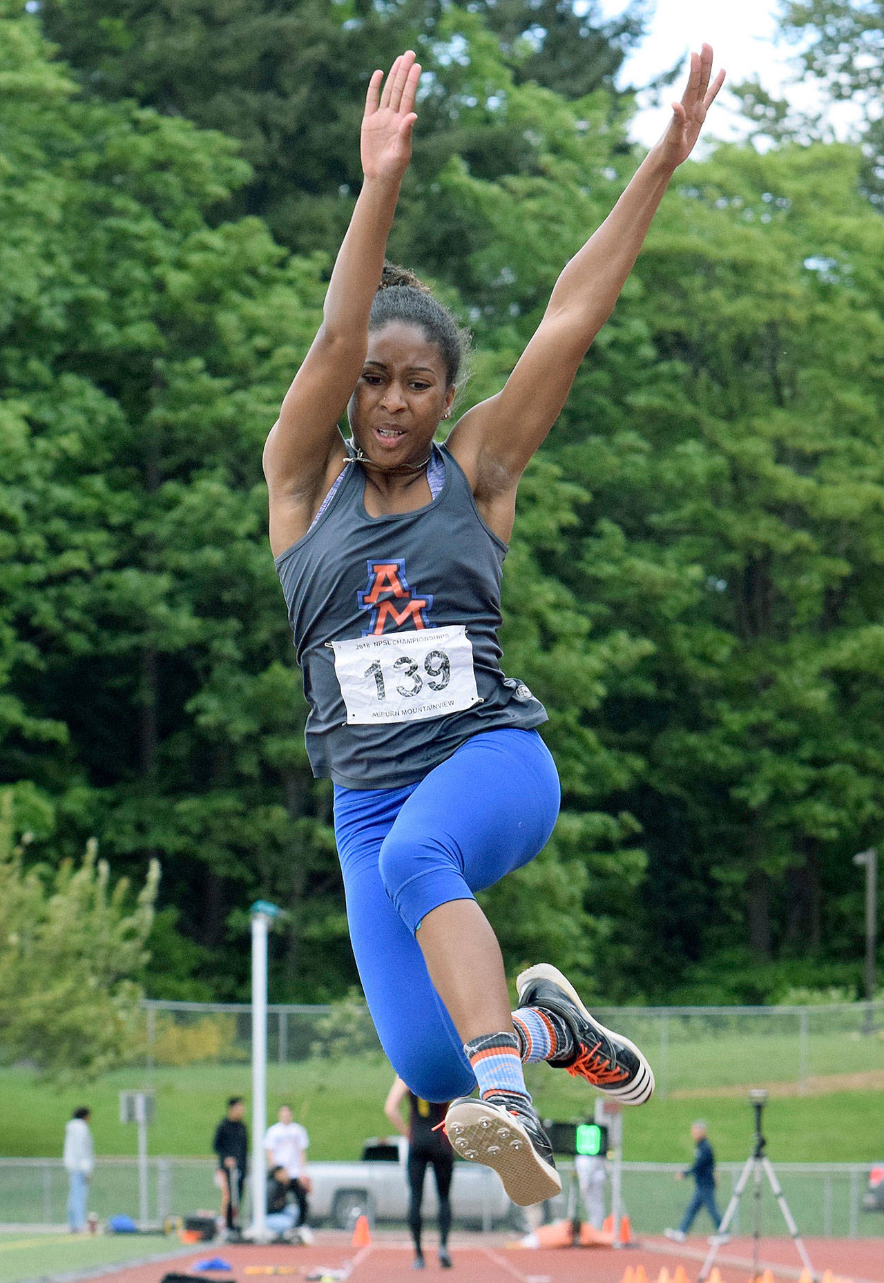 Auburn Mountainview’s Mikaila Moe travels 36 feet, 1¾ inches – a school record – and finishes second in the triple jump during last week’s North Puget Sound League finals at French Field. RACHEL CIAMPI, Auburn Reporter