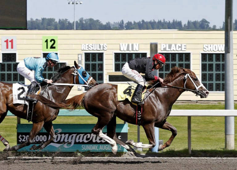 Barkley, with Javier Matias riding, captures a three-quarter-length victory over archrival Mach One Rules in the $21,500 allowance feature for 3-year-olds and up at Emerald Downs on Sunday. COURTESY TRACK PHOTO
