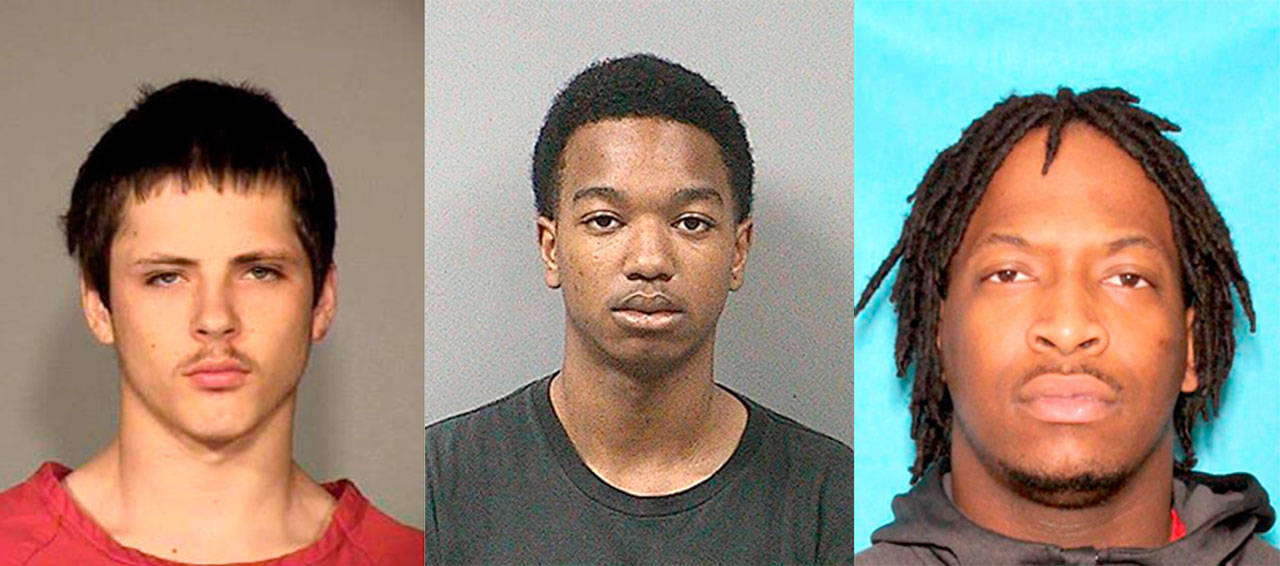 The Federal Way Police Department has identified, from left, Justice Henderson, Marchae Garrison and Kamajah “K.J.” Skannal as suspects in four murders in 2016. Courtesy photos