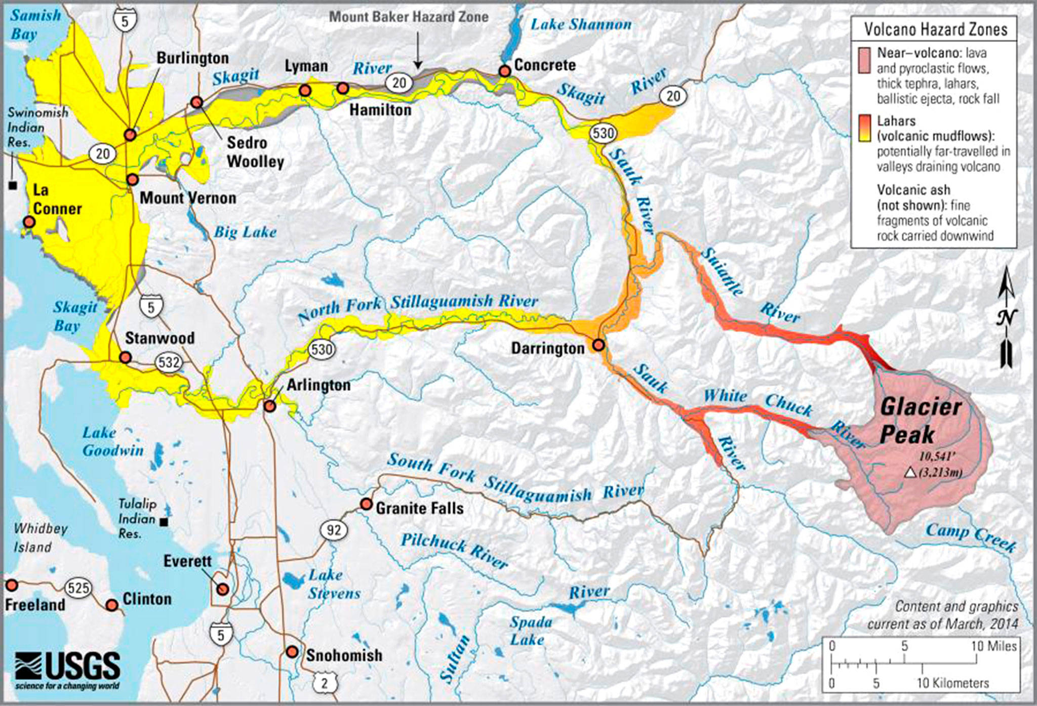 This map shows Glacier Peak’s volcano hazard zones. (USGS)                                This map shows Glacier Peak’s volcano hazard zones. (USGS)