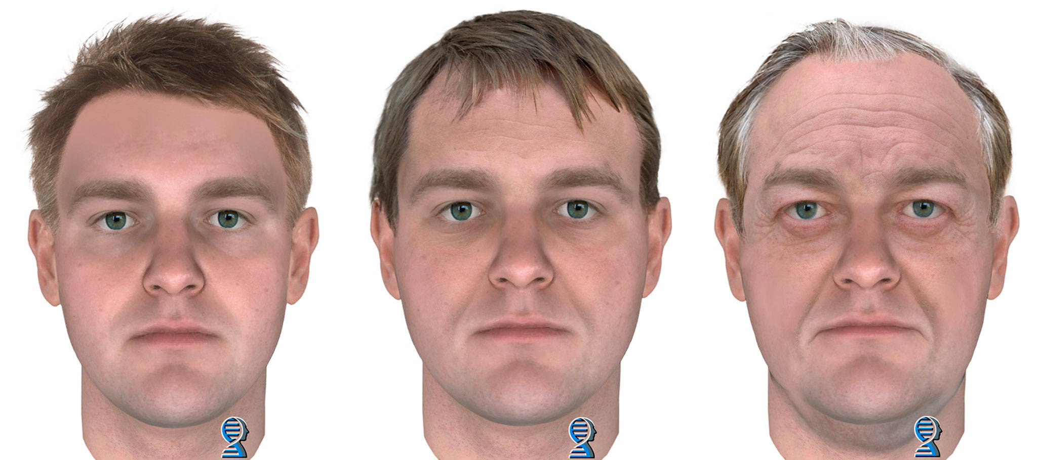 These possible likenesses of the killer of a young Vancouver Island couple, released in April, were based on DNA analysis. From left: age 25, age 45 and age 65. (Parabon NanoLabs)