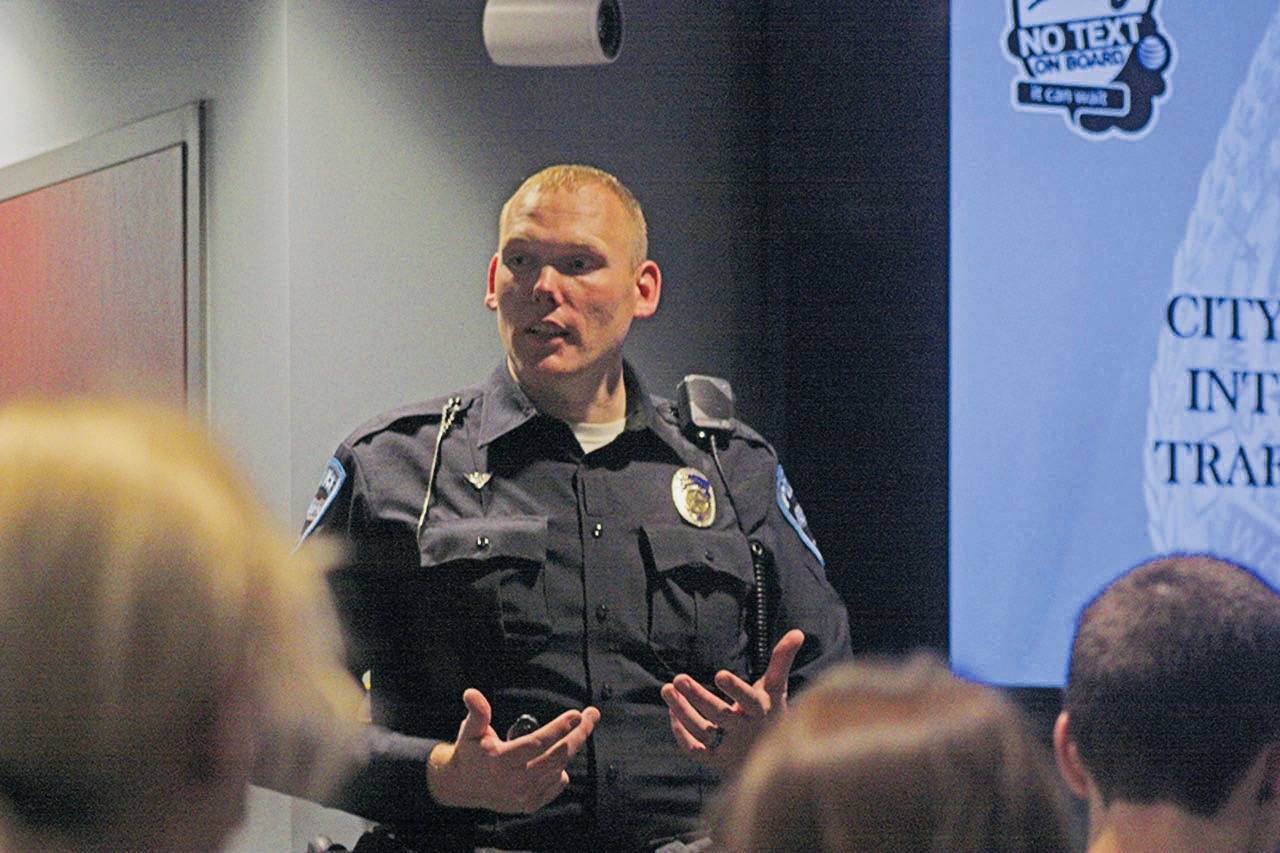 Auburn Police Officer Derek Anderson talks to teen drivers during classroom instruction last year. MARK KLAAS, Auburn Reporter