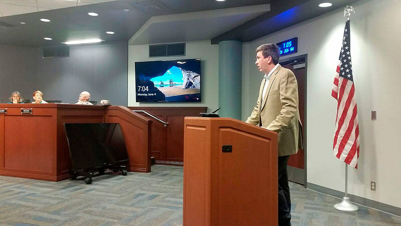 Rep. Drew Stokesbary, R-Auburn, gives a legislative update to the City Council on Monday night. ROBERT WHALE, Auburn Reporter