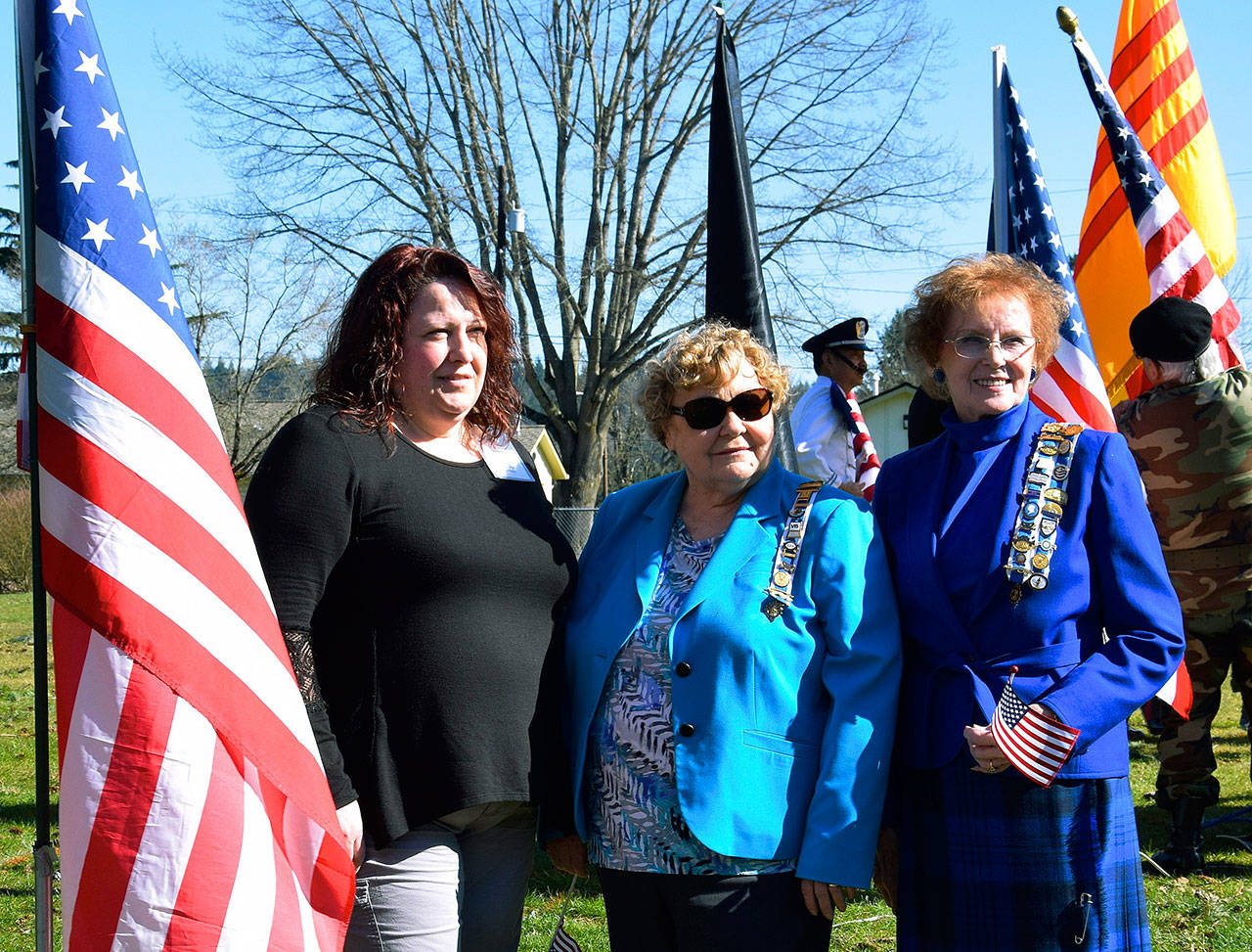 Daughters of the American Revolution members, from left, Roxane Hodges, Sally Jarvis and Hilda Meryhew attended the March groundbreaking for the American-Vietnamese War Memorial at Les Grove Park. RACHEL CIAMPI, Auburn Reporter