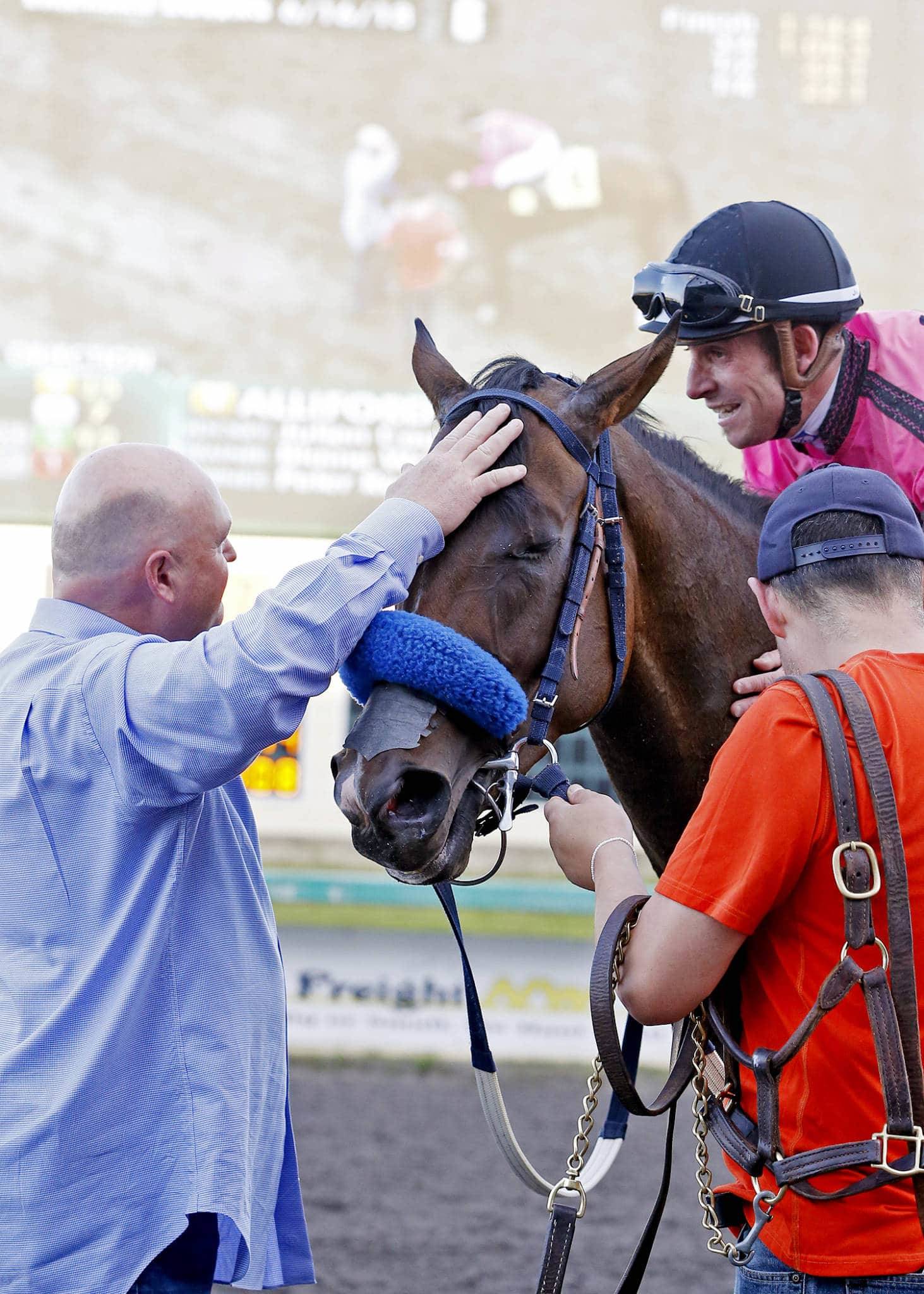 The right stuff: Jockey Julien Couton, aboard Alliford Bay, meets trainer Blaine Wright after taking the Washington State Legislators Stakes for older fillies and mares at Emerald Downs on Saturday. COURTESY TRACK PHOTO