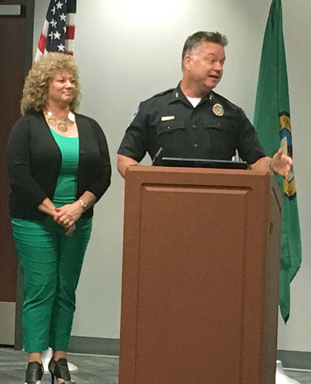 Newly-appointed Auburn Police Chief William Pierson talks about his role as Mayor Nancy Backus listens during Monday’s announcement at City Hall. COURTESY PHOTO
