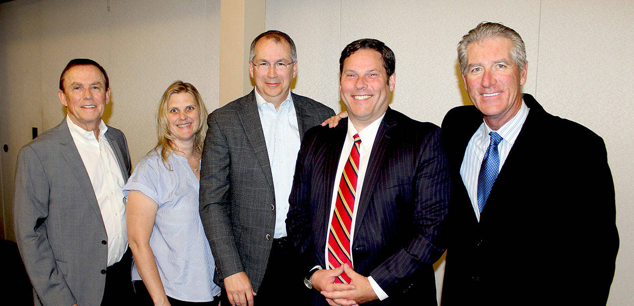 At the breakfast are, from left, King County Council member Pete von Reichbauer; Kim Suchan of Caffe D’Arte; BECU CEO Benson Porter; Federal Way Mayor Jim Ferrell; and Jeff Stock of Omni Properties. COURTESY PHOTO