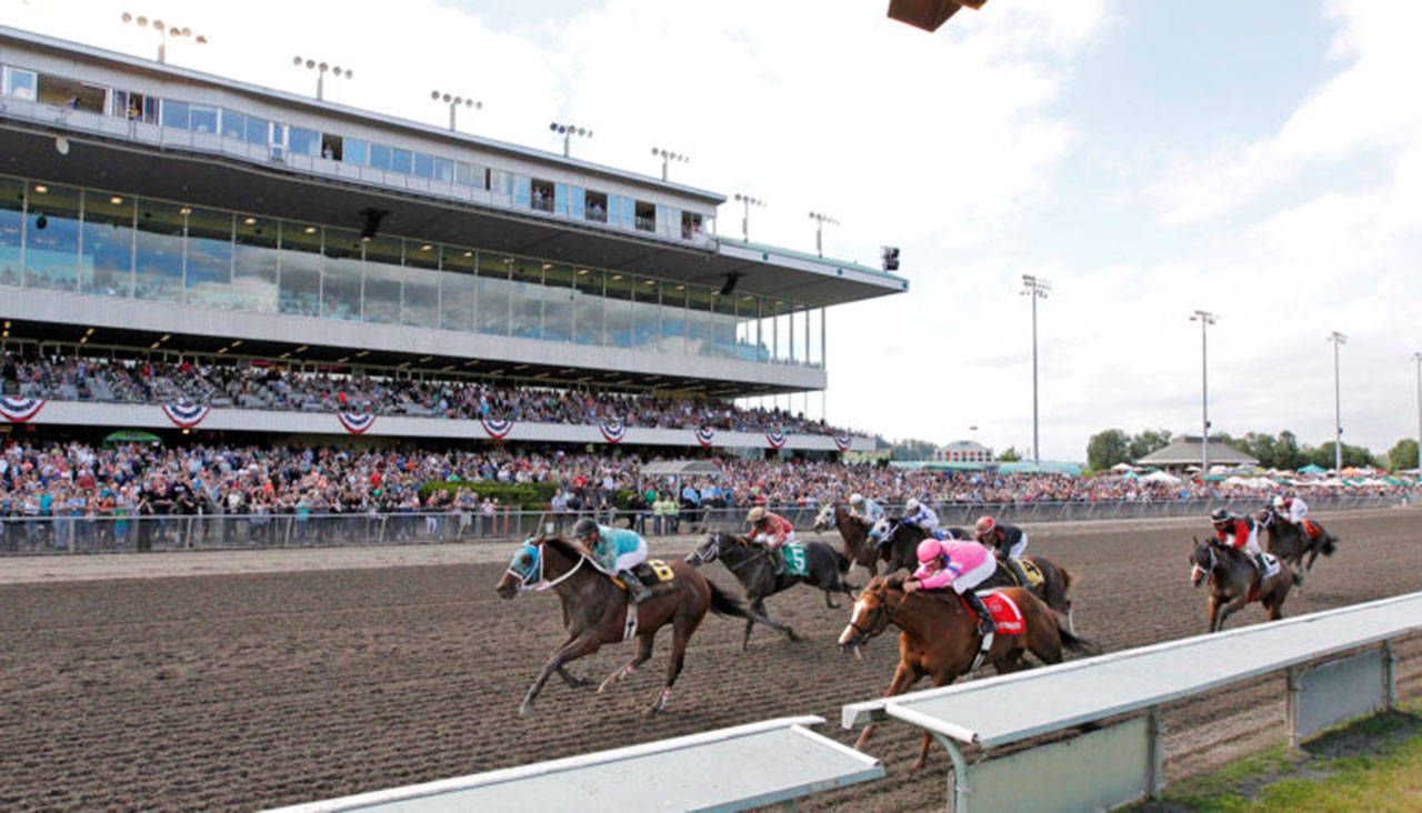 Mach One Rules (No. 6) prevails in the 2017 Budweiser Stakes. COURTESY TRACK PHOTO