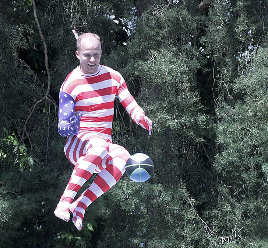 Hyrun Wendel, “Mr. Good-looking,” catches a ball tossed to him during the Aerial Assault Extreme Entertainment team’s stunt show at Auburn’s Fourth of July Festival last year. The team returns to action on Wednesday. MARK KLAAS, Auburn Reporter