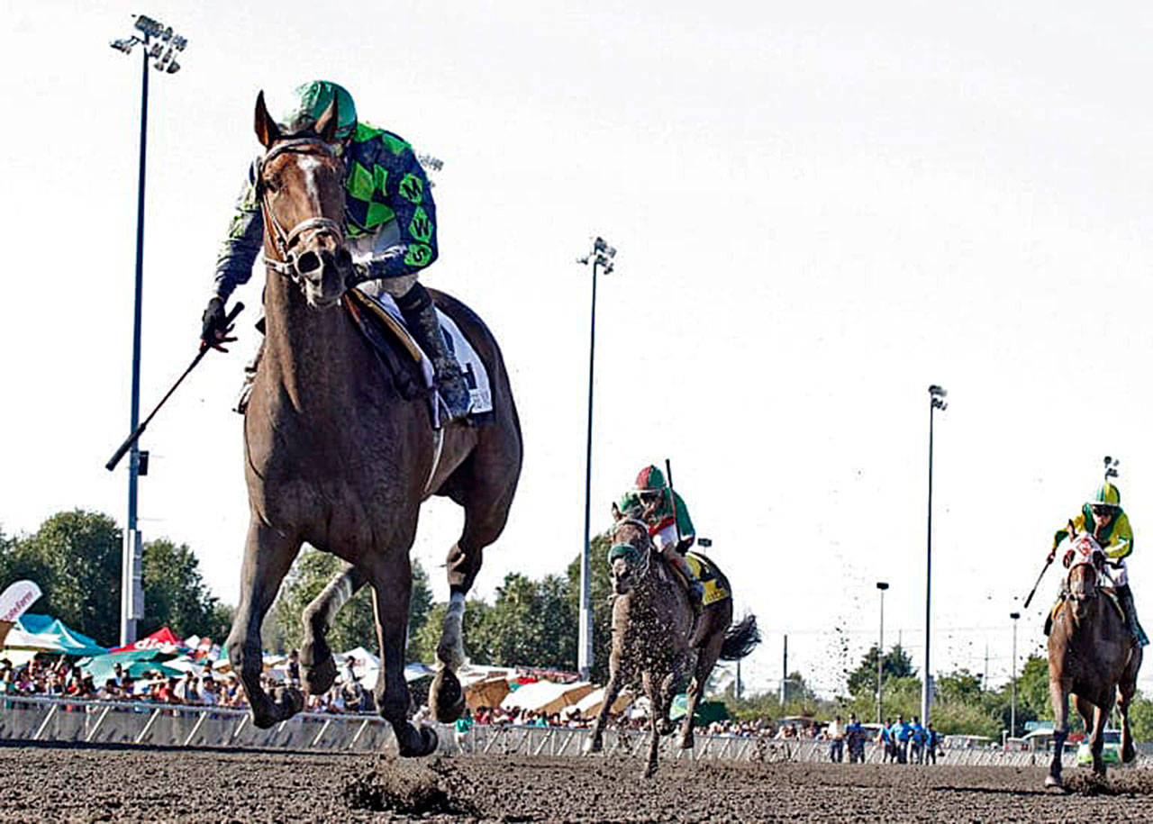 Prncessof the Nyl and Kevin Orozco run away with the $50,000 Washington Oaks at Emerald Downs on Sunday. COURTESY TRACK PHOTO