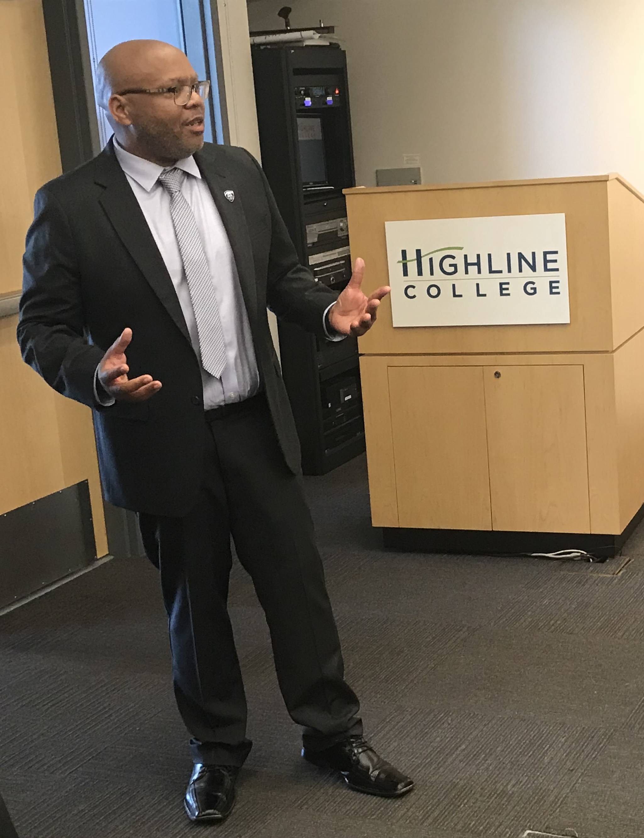 John Mosby, new president for Highline College, speaks at a small reception July 12. Federal Way Mirror photo