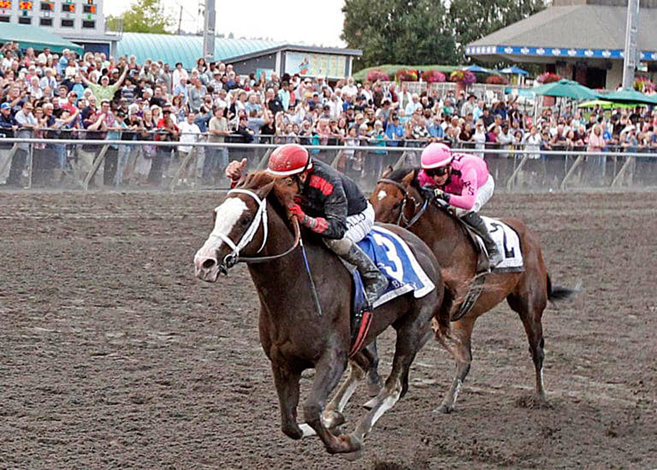 Barkley and Javier Matias dart to victory in the $200,000 Longacres Mile at Emerald Downs on Sunday. COURTESY TRACK PHOTO