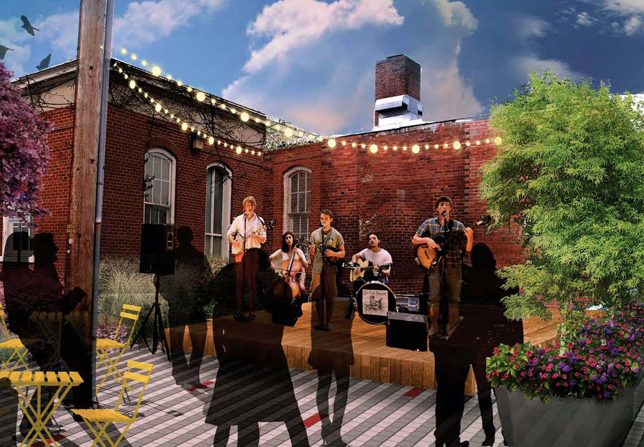 The idea of having a low stage or raised platform around the rear of the Arts Culture Center could provide a place for performances to take place and also a charming, raised seating area the rest of the year. COURTESY RENDERING, City of Auburn