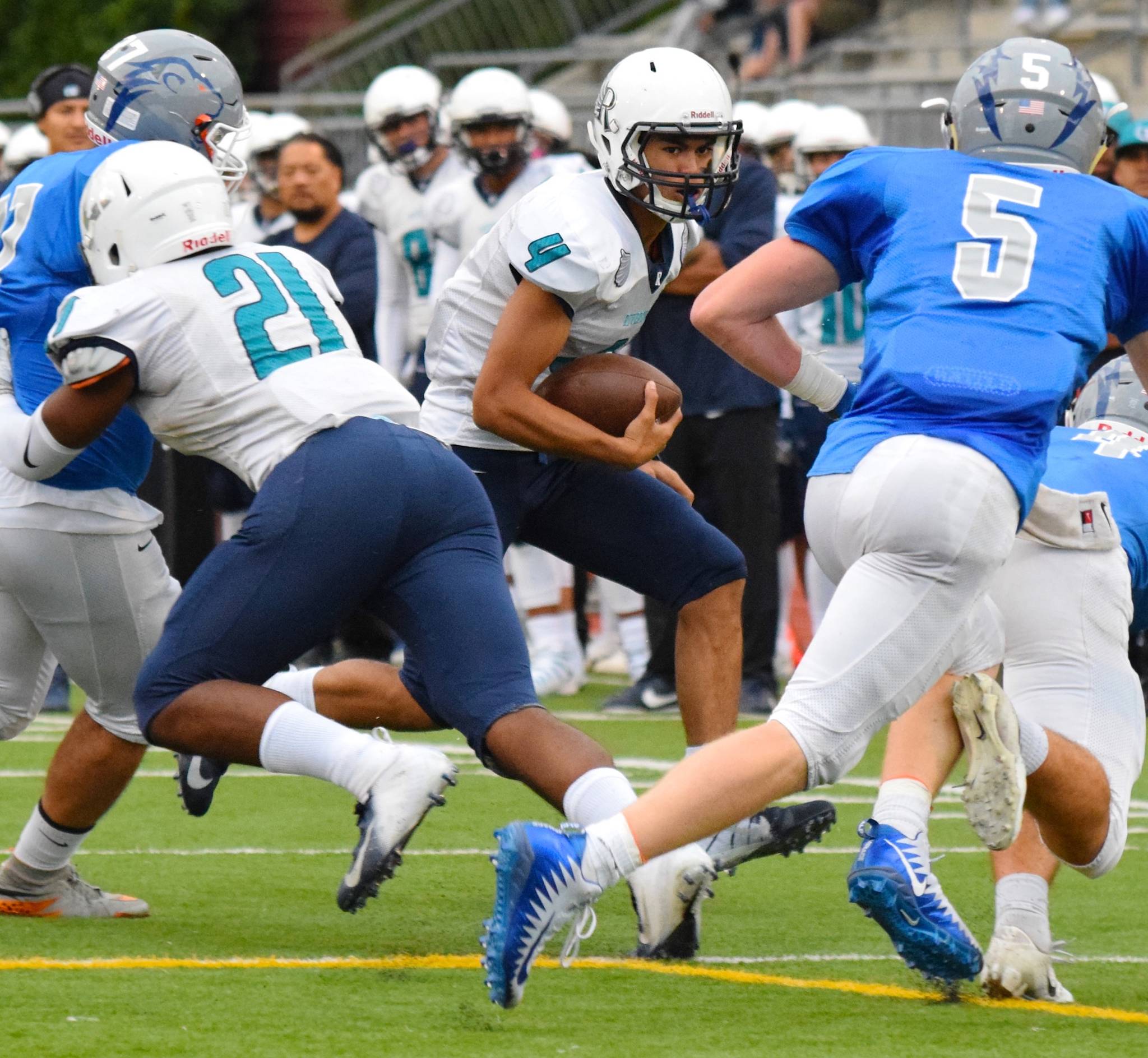 Auburn Riverside quarterback DAndre Stevens looks for an opening against Auburn Mountainview during the first half of their NPSL game Friday night. RACHEL CIAMPI, Auburn Reporter