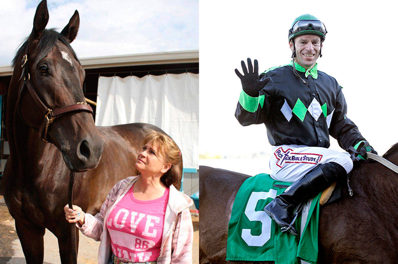 Hall of Fame bound: Trainer Doris Harwood looks up to one of her superstar horses she trained, Noosa Beach. Right, Jockey Juan Gutierrez celebrates a five-win day at Emerald Downs. Both will be enshrined this weekend at the track. COURTESY AND REPORTER FILE PHOTOS