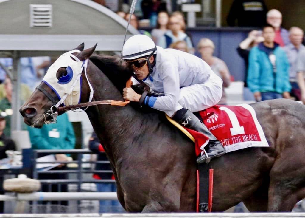 Hit the Beach, with Jose Zunino up, dashes to victory in the $50,000 Muckleshoot Tribal Classic for 3-year-olds and up at Emerald Downs on Sunday. COURTESY TRACK PHOTO