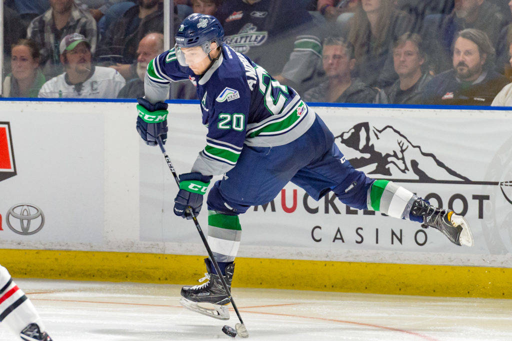 The Thunderbirds’ Dillon Hamaliuk fires a shot against the Portland Winterhawks during season-opening WHL play at the accesso ShoWare Center on Saturday night. COURTESY PHOTO, Brian Liesse, Thunderbirds