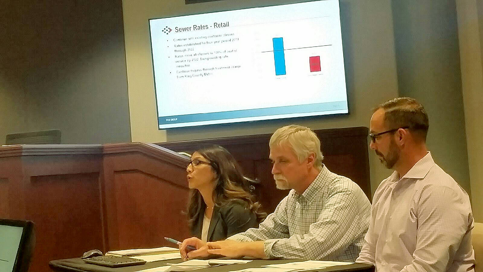 From left, Angie Sanchez of the FCS Group, a consulting firm, explains proposed utility rate increases to the Auburn City Council on Monday at City Hall. She is flanked on her left by Bob Brooks, the city’s financial planning manager, and Kevin Fuhrer, the city’s systems finance director. ROBERT WHALE, Auburn Reporter
