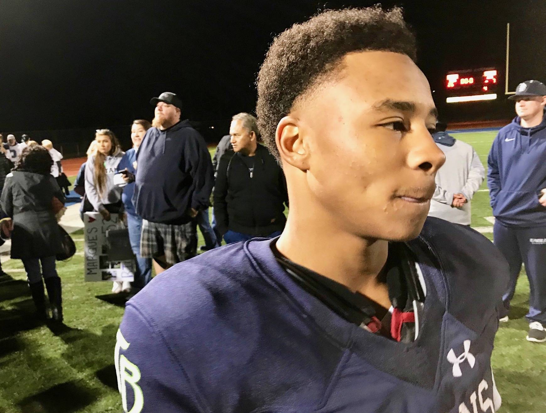 Ar’Tavious Magee had a big game for Todd Beamer, catching one touchdown pass and grabbing two interceptions in a North Puget Sound League win against Auburn Mountainview at Federal Way Stadium on Friday night. MARK KLAAS, Auburn Reporter