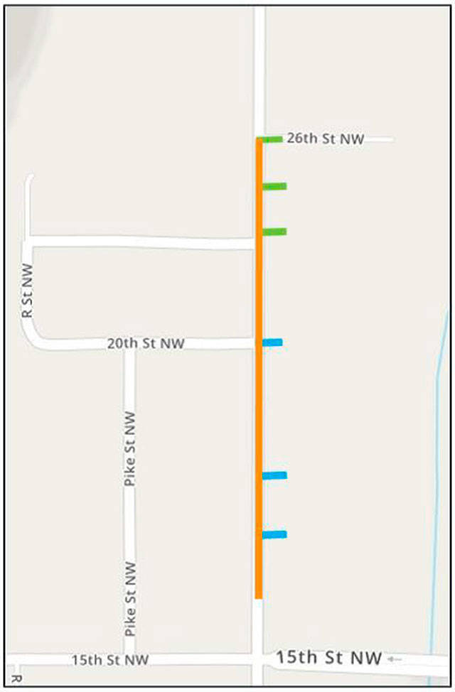 Puget Sound Energy crews are replacing portions of an existing underground natural gas main in Auburn, starting in November. The work zone is West Valley Highway, between 26th Street Northwest and 15th Street Northwest in Auburn. Orange represents the existing natural gas pipe, green represents the replaced natural gas pipe, and blue represents the deactivated natural gas pipe. COURTESY MAP, PSE