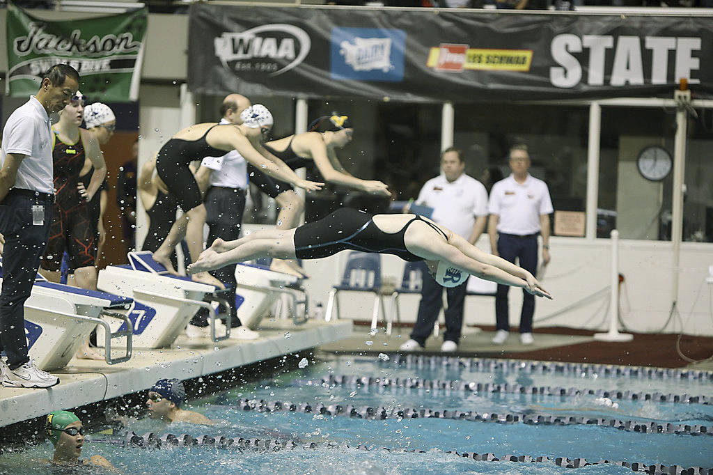 Auburn Riverside’s Kyra Brandt launches her 50-yard freestyle anchor leg in the 200-yard medley relay at the 4A state meet last Saturday. COURTESY PHOTO, Tracy Arnold