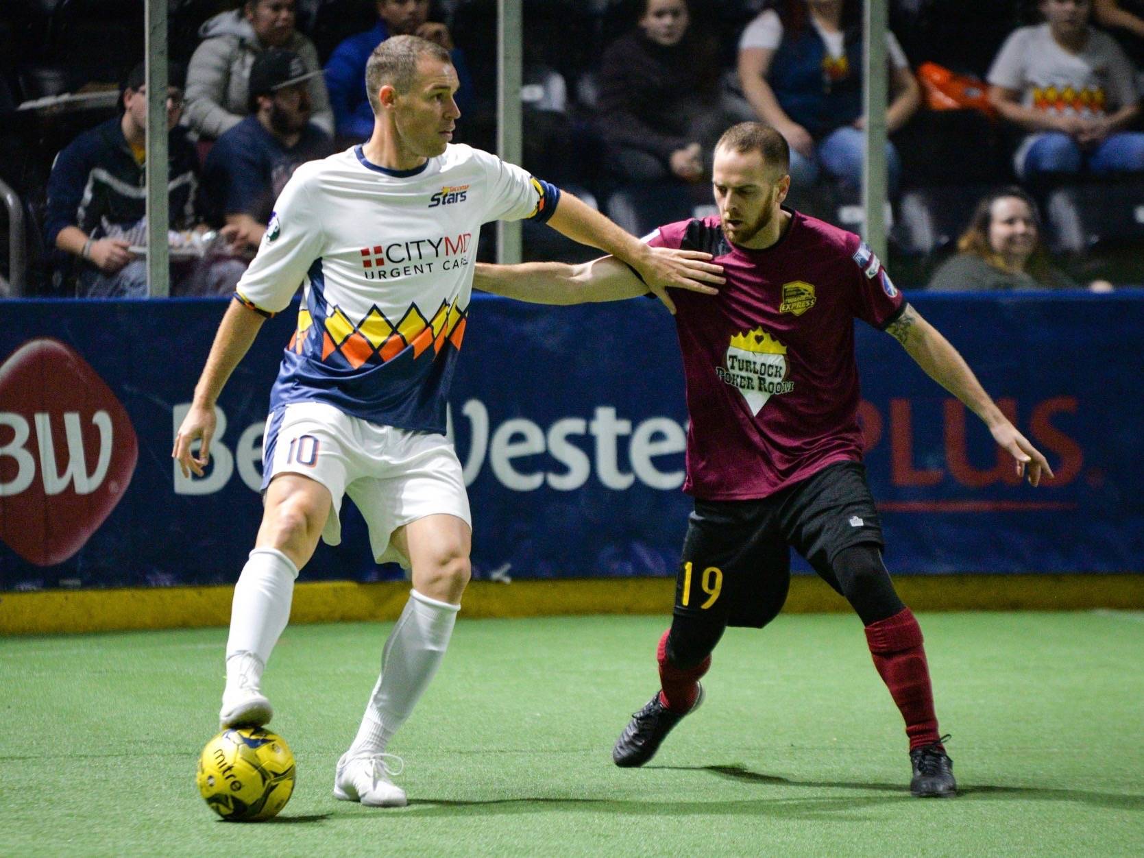 The Stars’ Nick Perera looks to advance the ball against the Express’ Matthew Germain during MASL play Saturday night. COURTESY PHOTO, Stars