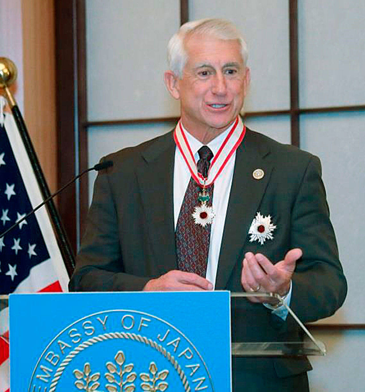 Congressman David Reichert, R-Auburn, speaks at a ceremony after receiving the Order of the Rising Sun, Gold and Silver Star from Japan for his work. COURTESY PHOTO
