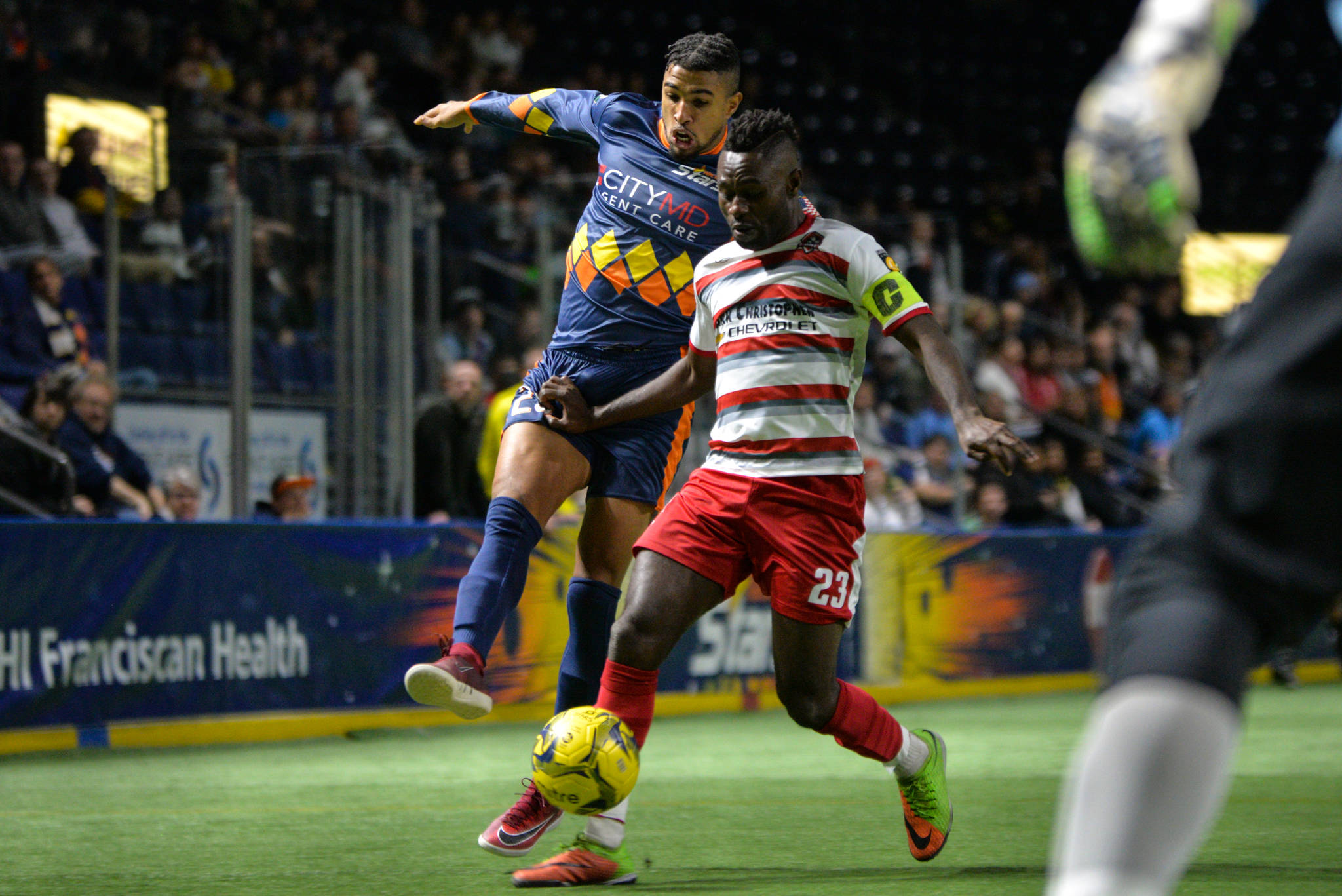 The Stars’ Michael Ramos, left, battles the Fury’s Israel Sesay for the ball during MASL play Saturday night. COURTESY PHOTO, Stars