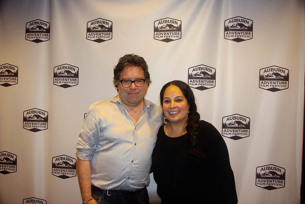 Warren Etheredge and Lorraine Chachere, Auburns tourism coordinator, pose during the citys inaugural Adventure Film Festival. The festival on Jan. 18-20 presented stories about biking, surfing, mountain climbing and skiing. PHOTO, Sandra Maszak.