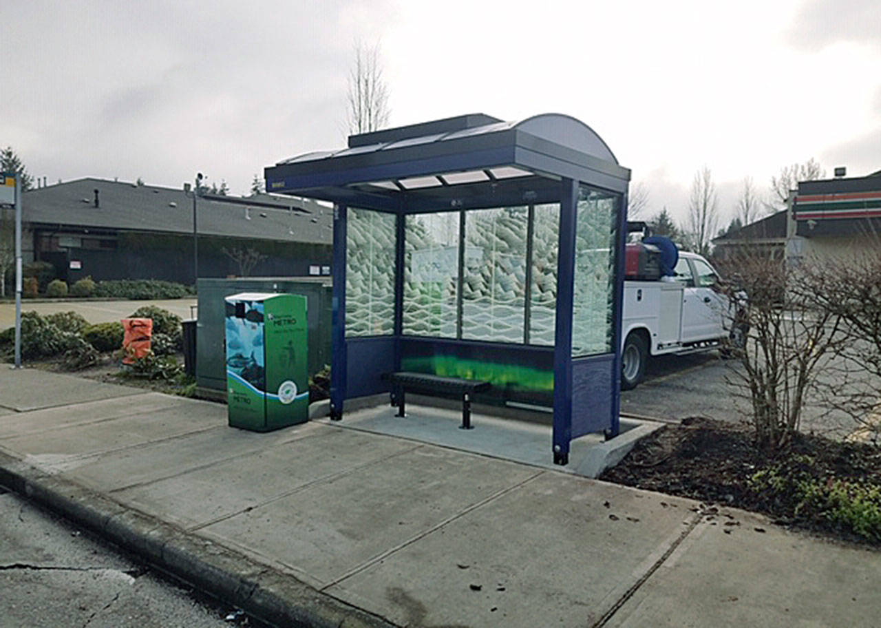 People making the Lea Hill-Green River College trek from the valley can now wait in comparative comfort at this state-of-the-art, solar-powered bus shelter on 8th Street Northeast, thanks to the efforts of Auburn Deputy Mayor Bill Peloza, King County Councilman Pete von Reichbauer and Metro. COURTESY PHOTO