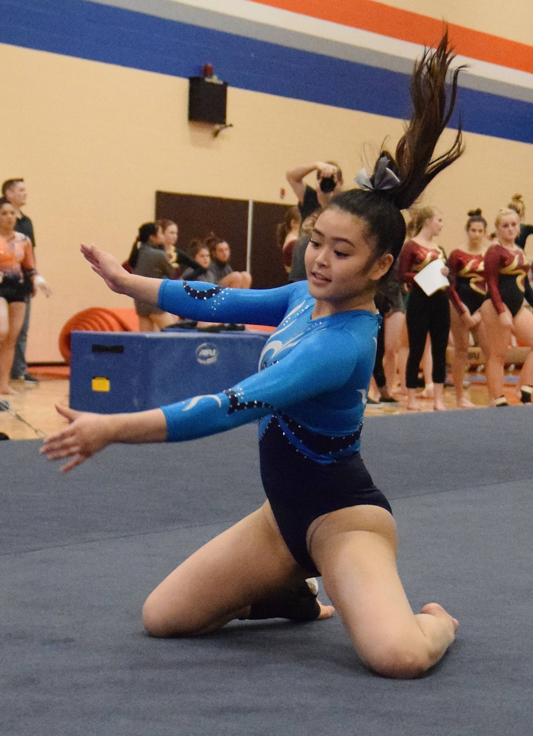 Auburn Riverside’s Hailey Kunimura performs her routine in the floor exercise during an NPSL All-City meet on Wednesday. The Ravens won the quad meet and Kunimura took the all-around competition. RACHEL CIAMPI, Auburn Reporter