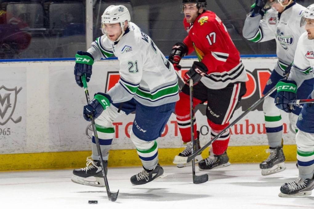 Seattle’s Matthew Wedman pushes the puck up the ice during WHL play against Portland on Friday night. COURTESY PHOTO, Brian Liesse, T-Birds