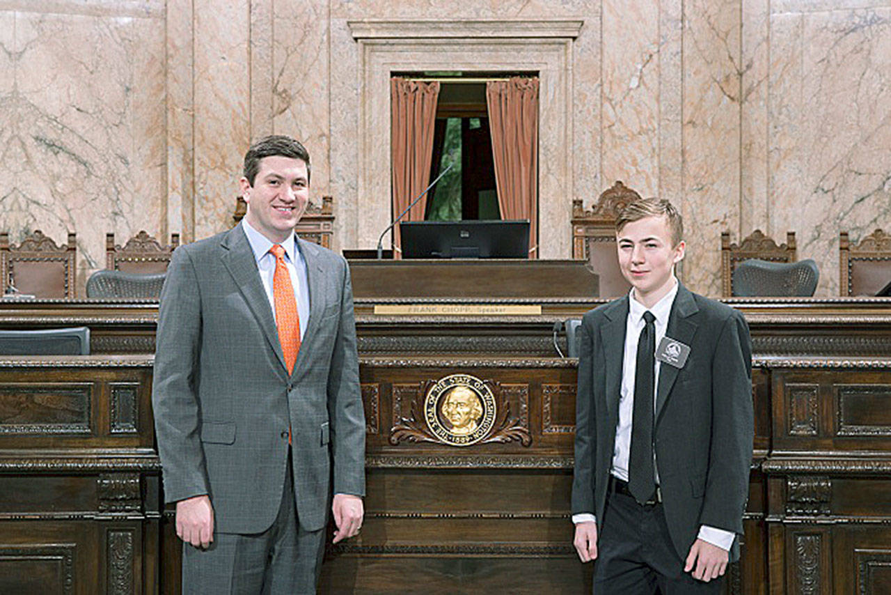 Rep. Drew Stokesbary, R-Auburn, with Page Collin Ennis. COURTESY PHOTO, Washington State Legislature
