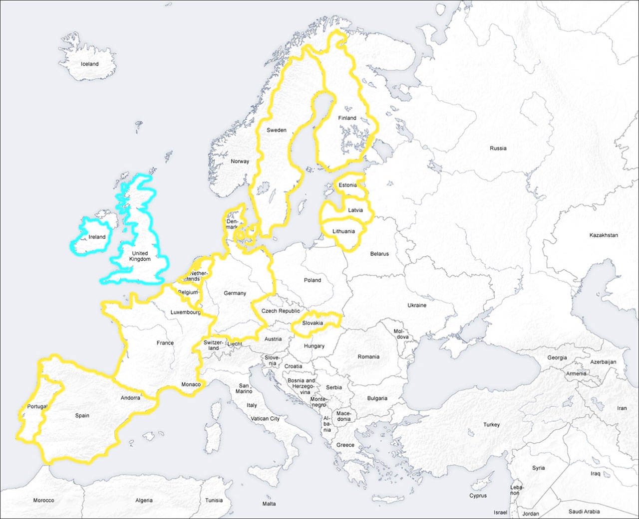 Microsoft has expanded their AccountGuard service to 12 new European Countries. Yellow: European countries already protected. Blue: European countries now protected. (Source: Wikimedia Commons)