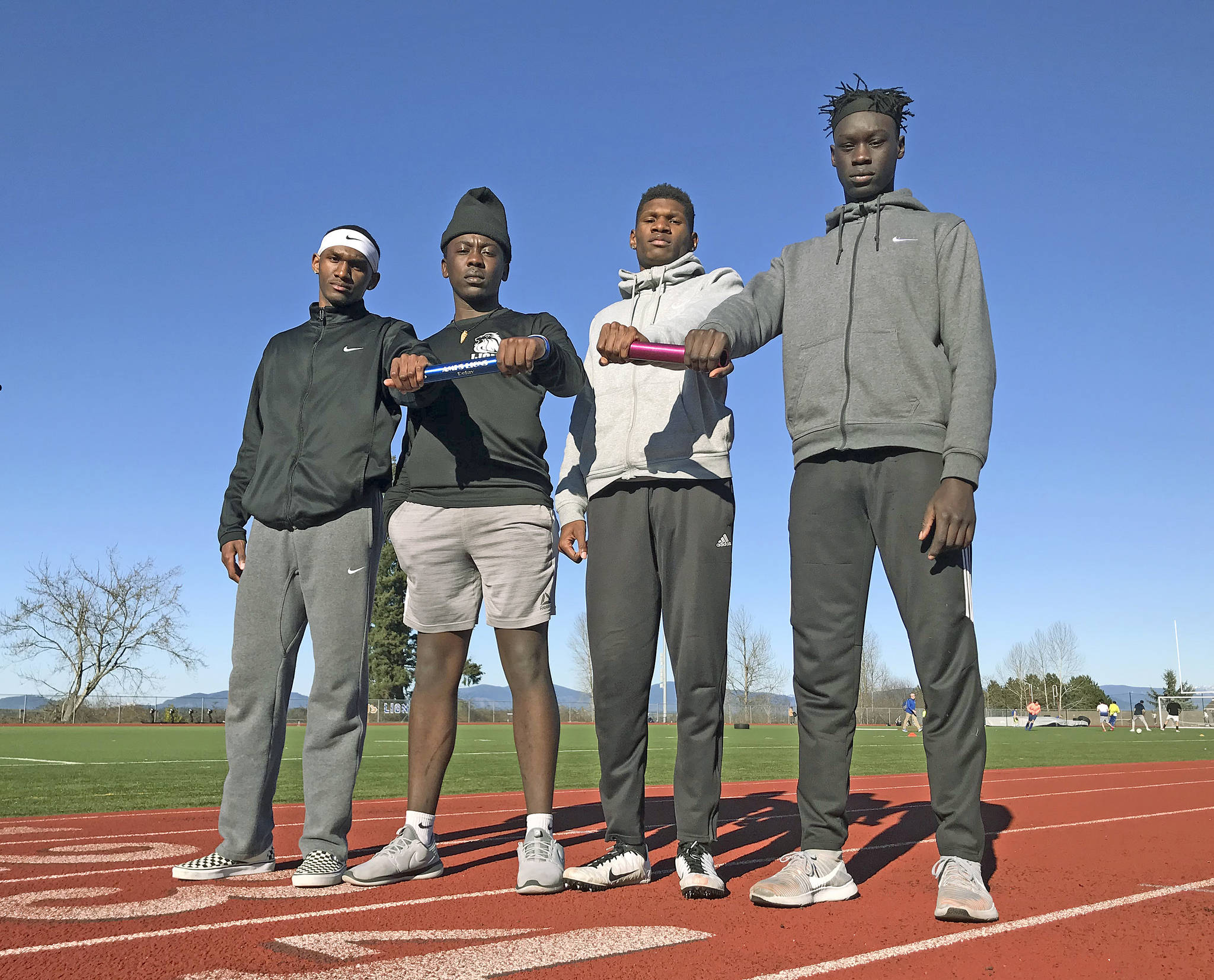 Meet Auburn Mountainview’s 400-meter relay team, from left: Chris Penn, Brian Njoki, Jeremiah Penn and Bill Benjamin. The foursome looks to make another run at the state gold in late May. MARK KLAAS, Auburn Reporter