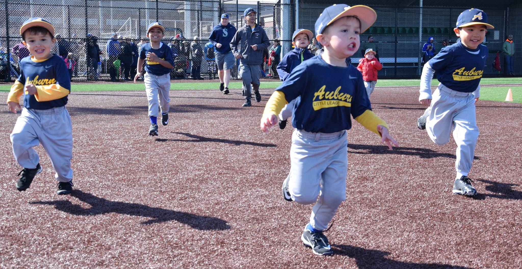 Little League players run onto the field for the opening day ceremony at the Auburn High School Ballfields last Saturday. RACHEL CIAMPI, Auburn Reporter
