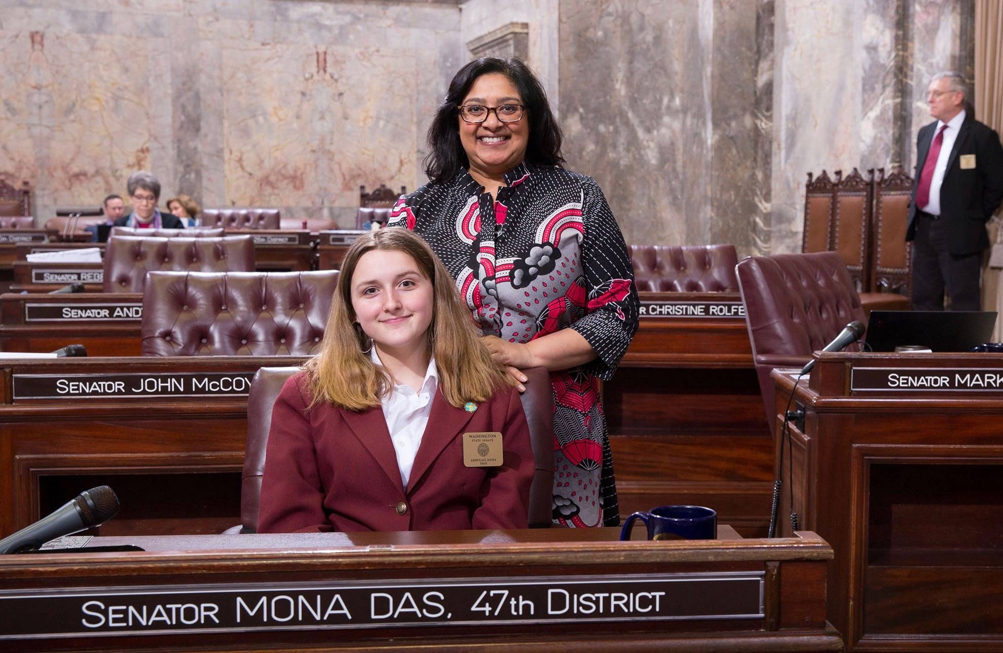 Abbygail Mena with Sen. Mona Das on the Senate floor. COURTESY PHOTO, Washington State Legislature