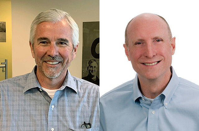 Jerry Chase, left, is the new CEO of Orion Industries, succeeding the retiring John Theisen, right. COURTESY PHOTOS, Orion