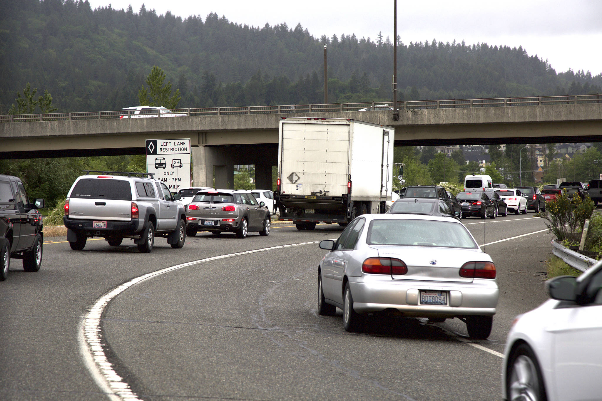 Ashley Hiruko/staff photo                                Traffic sits at a standstill on Monday morning (May 20) on Interstate 90 near Bellevue.