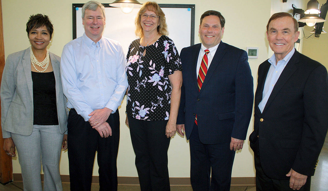 Rep. Pat Sullivan, D-Covington, second from the left, joins South King County civic and education leaders at the Good Eggs breakfast on Wednesday, May 22. With Sullivan are, from left, Federal Way School District Superintendent Tammy Campbell; Pacific Mayor Leanne Guier; Federal Way Mayor Jim Ferrell; and the event’s host, King County Councilman Pete von Reichbauer. COURTESY PHOTO