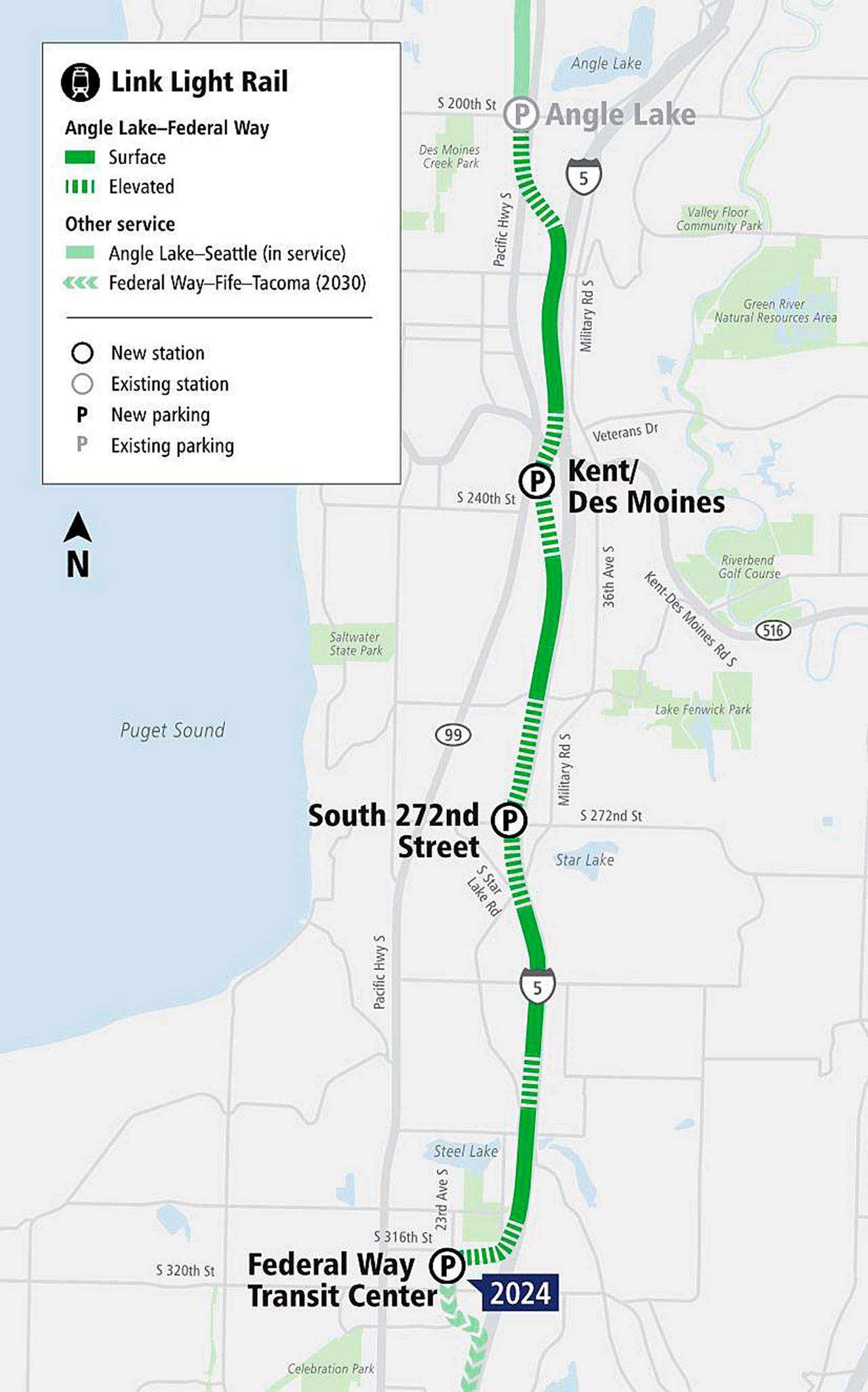 Sound Transit will start construction next year to extend light rail from Angle Lake in SeaTac to the Federal Way Transit Center with a completion date of 2024. COURTESY GRAPHIC, Sound Transit