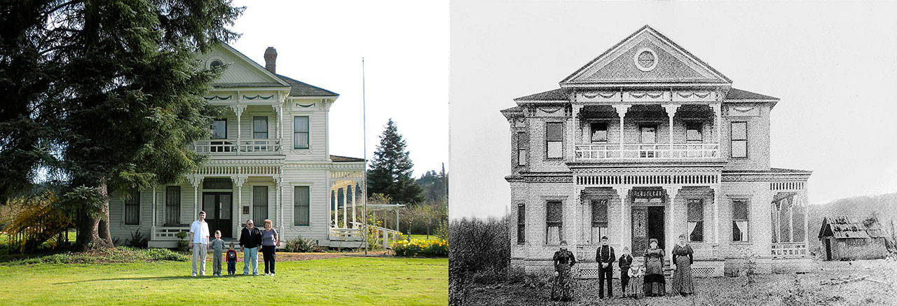 Now and then: A family legacy endures at Neely Mansion. In a 2010 photo are, from left, Ken Beckman, Aaron Beckman, Grant Beckman, Howard Elliot Neely and Jane Neely Beckman. Howard was the then-93-year-old grandson of Aaron Neely Sr., who built the house. In the right photo, circa mid-1890s, the family of Aaron Sr. and Sarah Neely pose in front of their Green River Valley home, east of Auburn. The young boy, third from left, appears to be Aaron Neely Jr., father of Howard Elliot Neely. Sarah Graham Neely, wife of Aaron, Sr., is on the far right. 2010 photo, courtesy, Karen Meador; 1890s photo, courtesy, Neely Mansion Association.